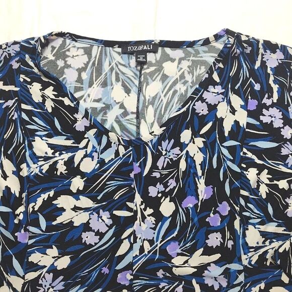 Roz & Ali Black Purple Blue Floral Quarter Sleeve Peplum Blouse Plussize 1X - Picture 2 of 12